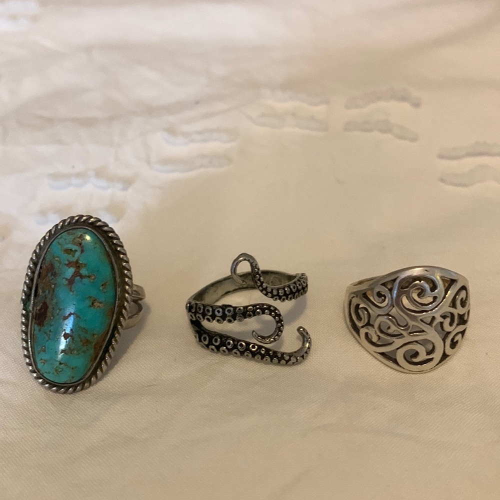 Pack of 3 Sterling Silver, Jade, Octopus Rings